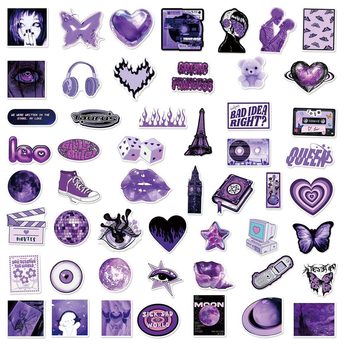 50/100PCS Purple Y2K Girl Doodle Stickers, Waterproof Decals for Stationery Phone Suitcase Scooter Helmet Car view 2