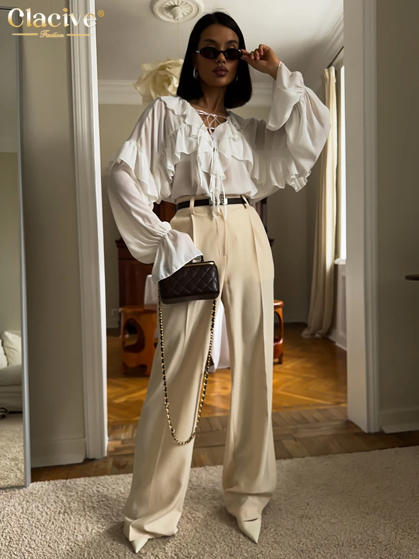 Clacive Fashion Loose White Women's Shirt 2025 Sexy V-Neck Long Sleeve Shirts Lady Elegant Classic Ruffles Tops Female Clothing