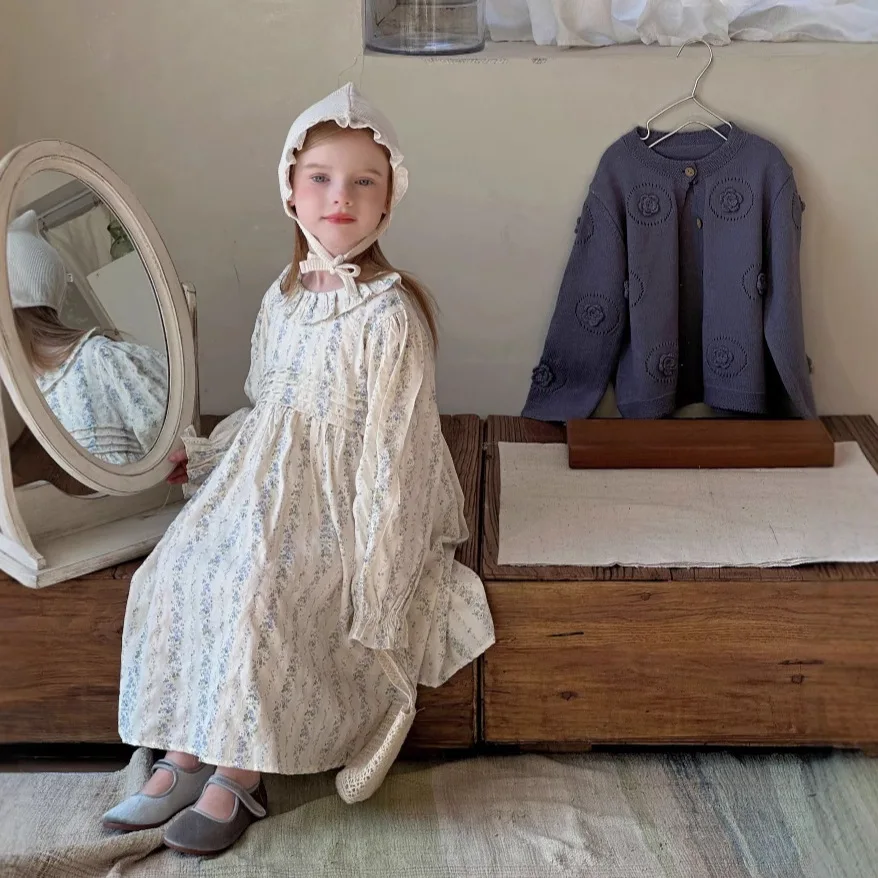 

Children Girls Vintage Dress Autumn Floral Printed Infant Babys Girls Princess Dress Peter Pan Collar Toddler Girls Long Dress