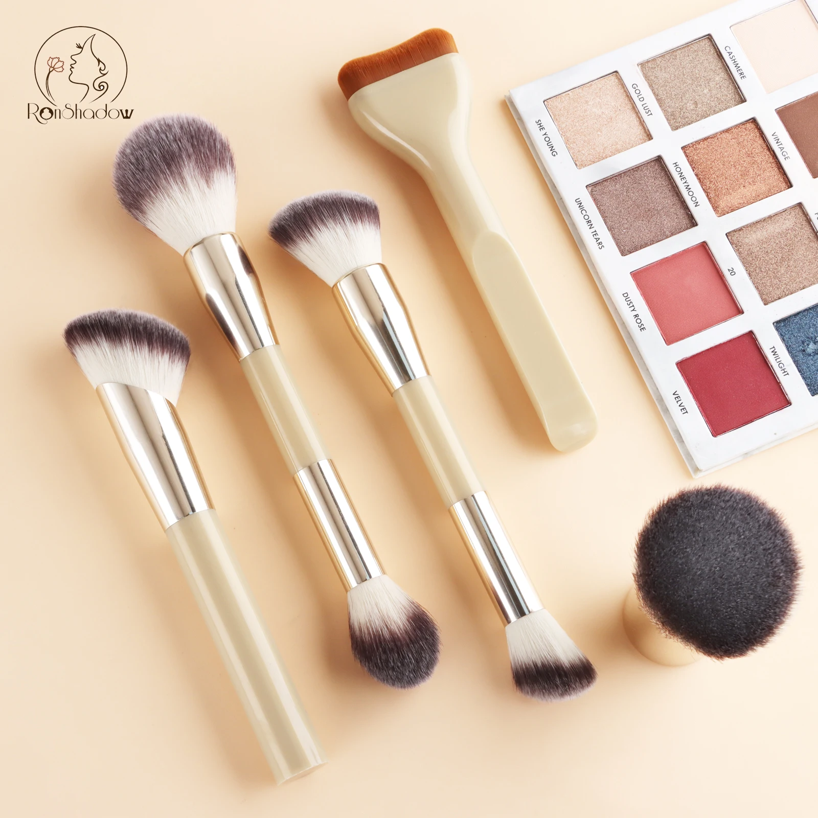 5Pcs Multi‑Function Cosmetic Brushes,Double‑ended Face Contour Curved Foundation Short Powder Brush for Base Makeup Blush Settin