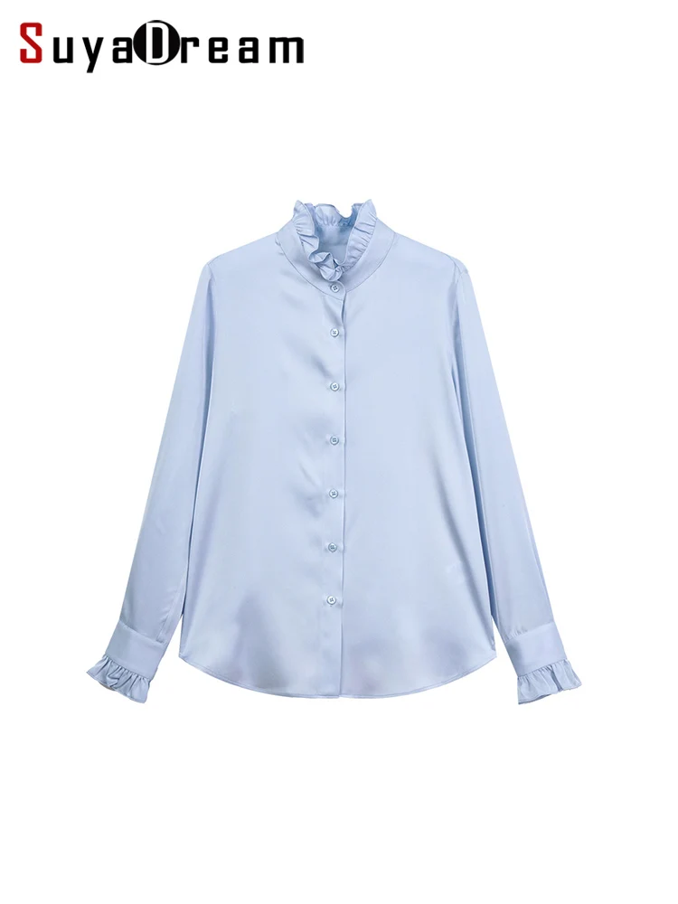 

SuyaDream, Women Solid Shirts, 95%Silk 5%Spandex, Embroidery Stand Collar, Solid Blouses, 2024 Spring Summer Office Lady Top