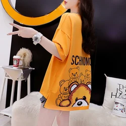 Women's Summer Bear T-shirts Designer Top Mid-length Short-sleeved Tide Brand T-shirt Kawaii Graphic Tees Women Fashion Top