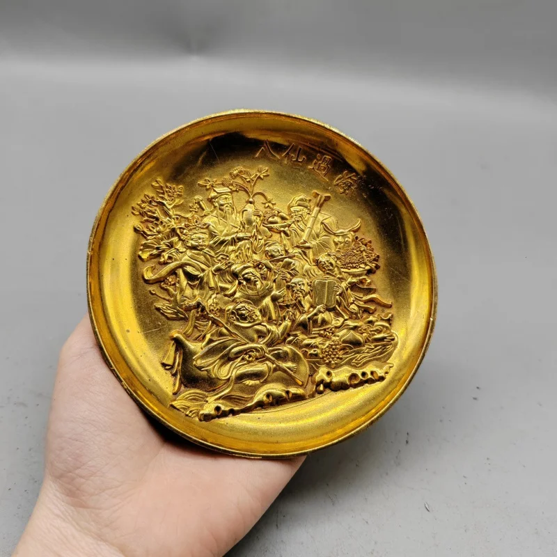 

Antique Style Pure Copper Eight Immortals Crossing the Sea Plate Qing Dynasty Qianlong Year Craft Gold Dish Home Decor Ornament