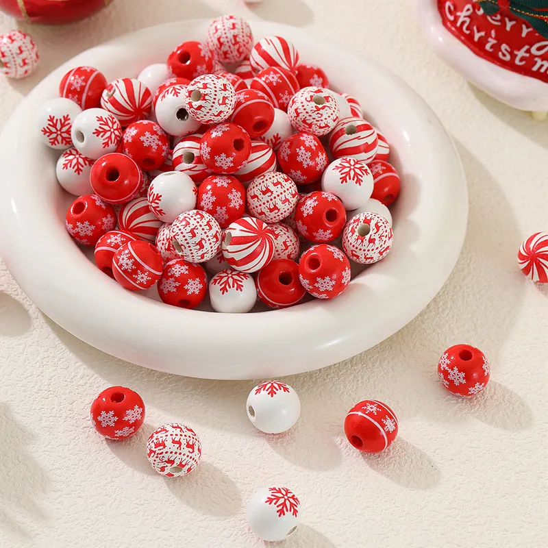 Wooden Beads 16mm 10pcs Red Color Snowflake Christmas Elk Round Balls Wood Spacer Bead For Jewelry Making DIY Accessories Ramdom