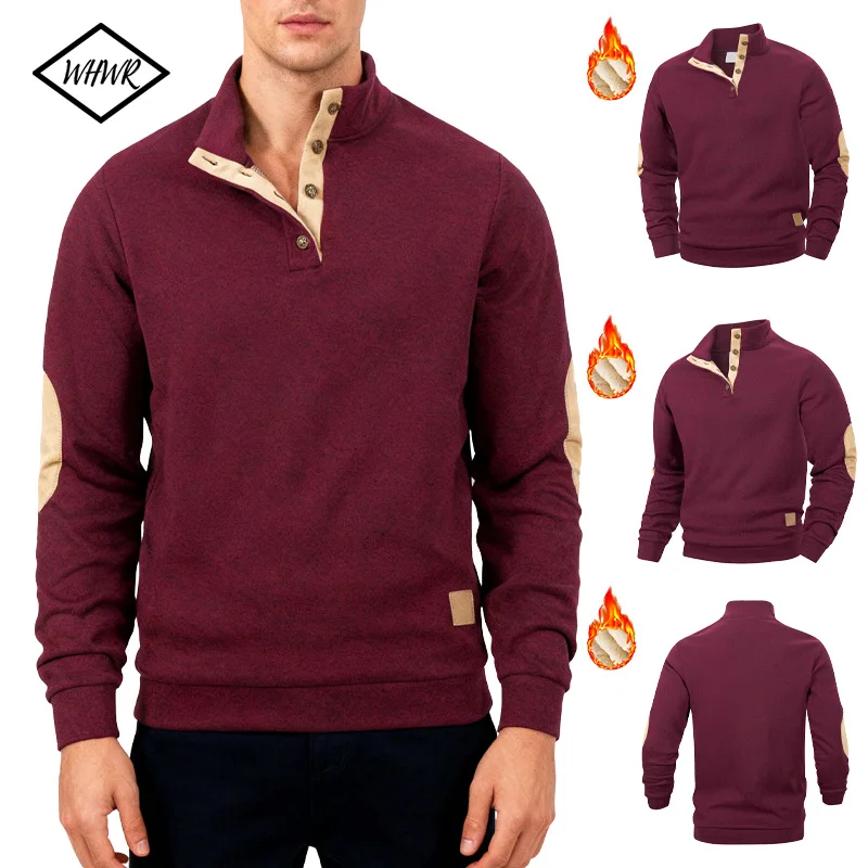 

Autumn Men Casual Sweatshirt Henley Polo Stand Collar Sweatshirt Warm Pullover Patchwork Men's Winter Clothes Hip Pop Streetwear