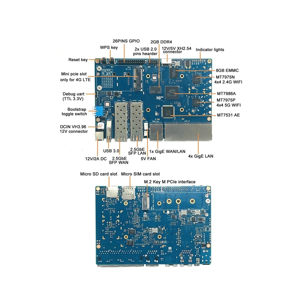 

Для бананов PI BPI-R3 MT7986 2G + 8G EMMC макетная плата с 256G SSD + 4G модуль лампы + 8x антенн + теплоотвод + вилка европейского стандарта питания