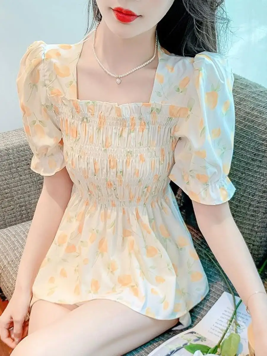 camisa-de-chiffon-de-verao-com-gola-quadrada-tamanho-grande-top-feminino-com-cintura-marcada-plissado-manga-curta-jovem