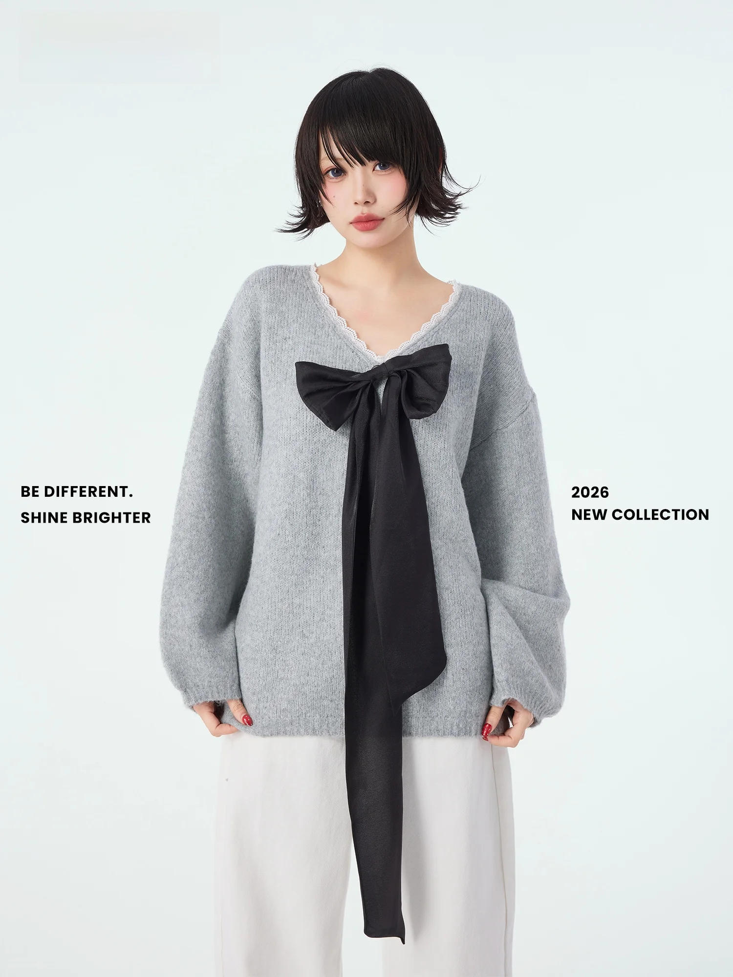 

Новый весенний свободный свитер с кружевом и V-образным вырезом, с большим бантом, женский, с длинными рукавами, из полиэфирного трикотажа