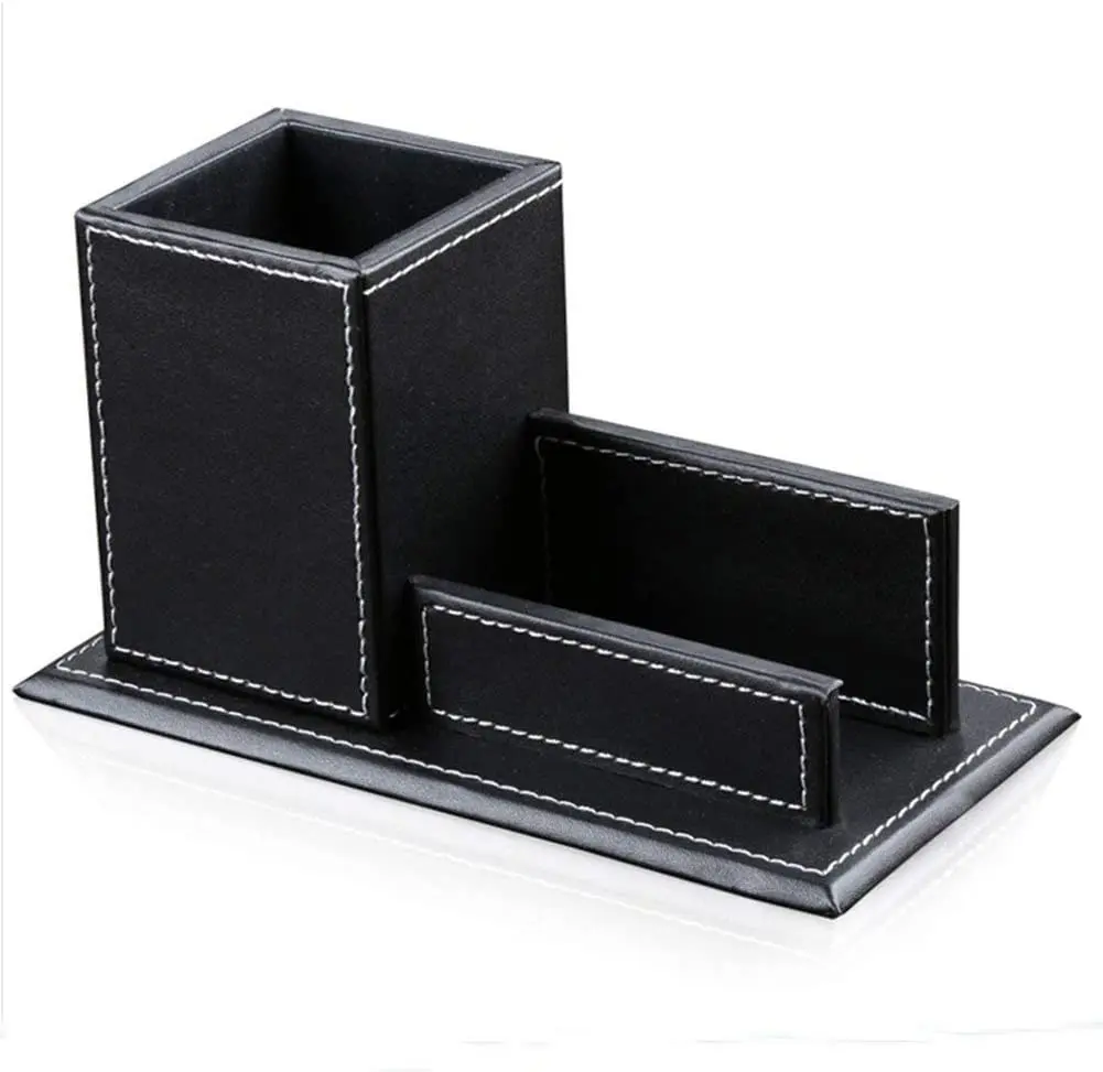 PU Leather Pencil Holder with Business Card Holder Stand Square Pen Pot Box Office Accessories Desk Organizer