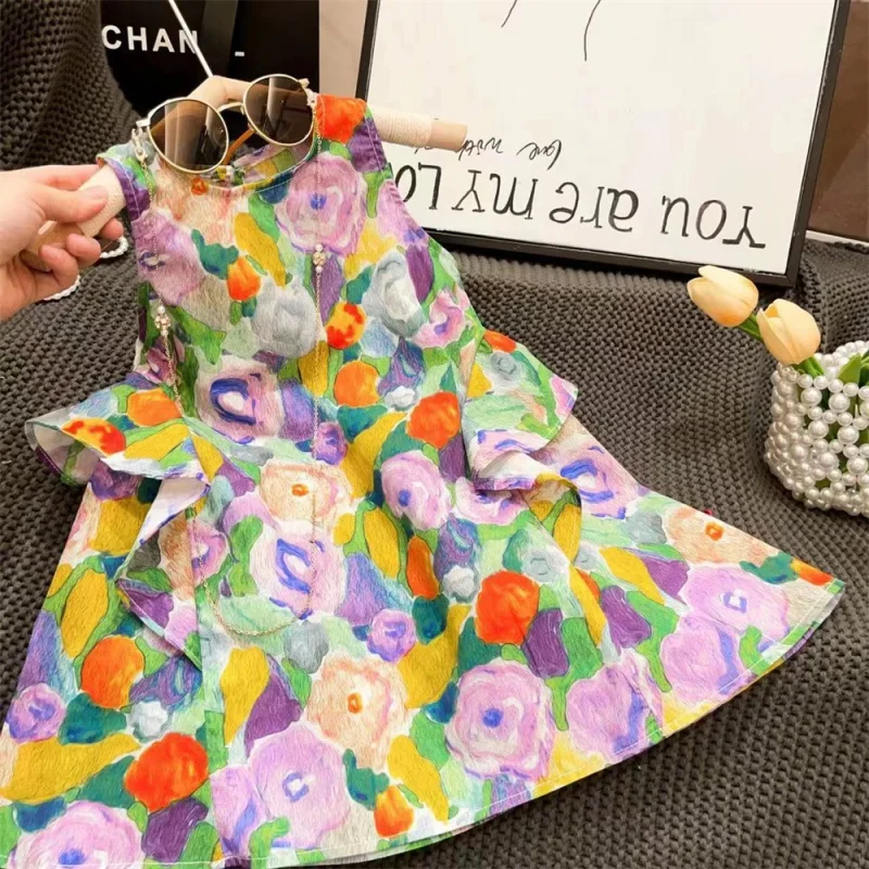 Neue Mädchen Jardin Monet Ölgemälde Stil Design Blumen Prinzessin Weste Skirt2024summer Kleidung-wsny