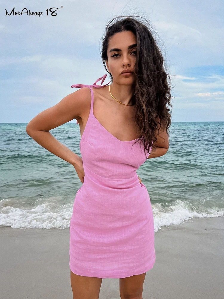 Mnealways18 Pink Vacation Cotton Linen Dresses Women Summer 2024 Sleeveless Pencil Straps Dress V-Neck Bodycon Ladies Dress Mini