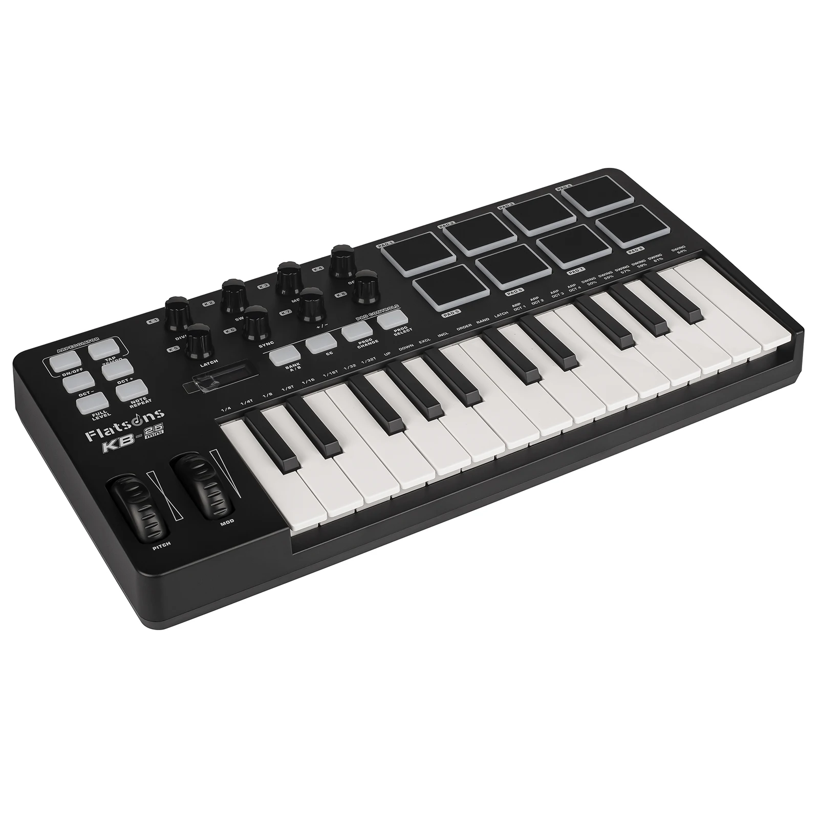 Flatsons MIDI Keyboard KB-25 Controller Semi Weighted Professional dynamic keybed With  8 Drum Pads  8 Custom Knob Arpeggios