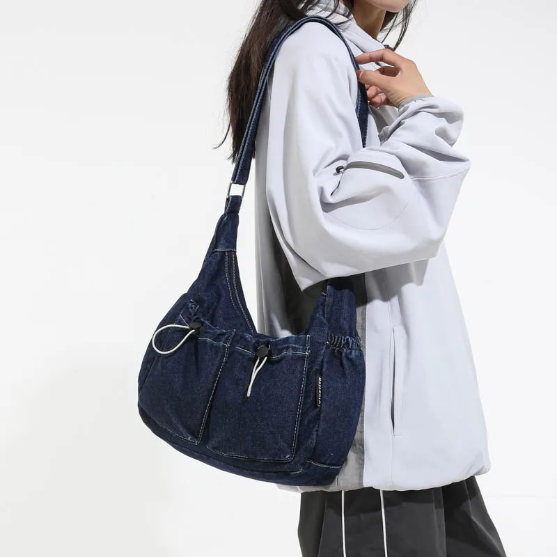 

Denim Women's Bag Harajuku Shoulder Bag Jeans Messenger Bag Y2K Eco Bag Korean Shopper Drawstring Pocket Cowboy Handbag Travel