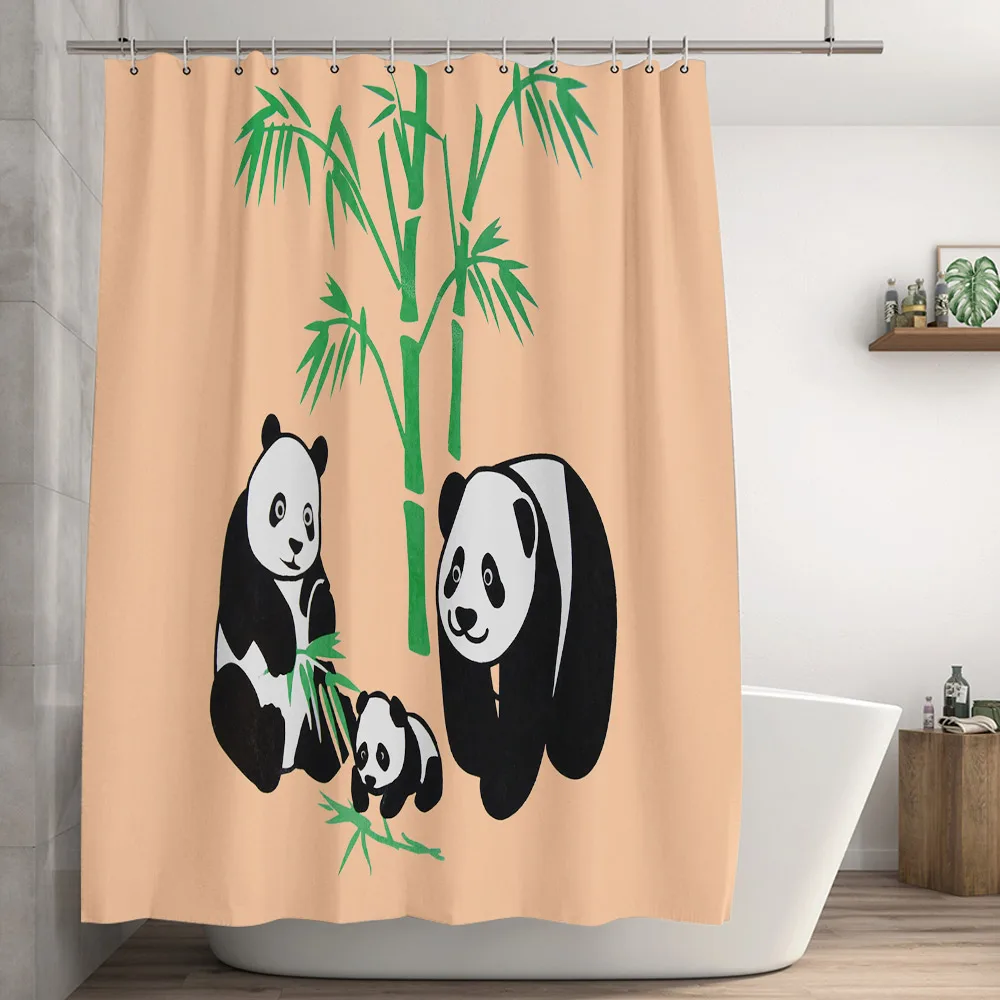 Funny Panda Shower Curtain Cartoon Cute Animal Green Bamboo Print Shower Curtain Apricot Background Bathroom Decor with Hooks