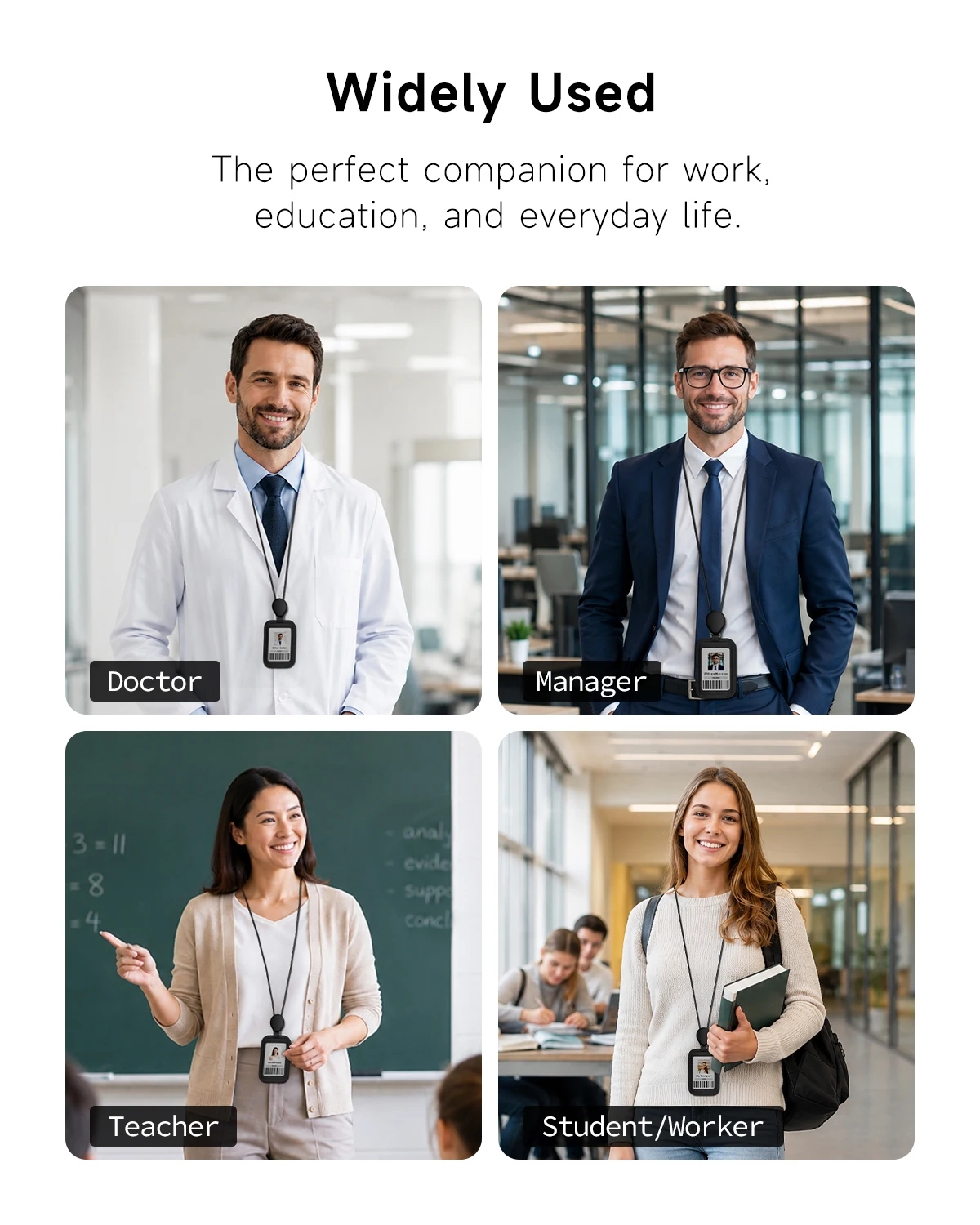 CASEKEY Adjustable Horizontal Vertical Yoyo Cow Leather ID Card Badge Holder with Long Neck Strap for Employee Doctor Nurse