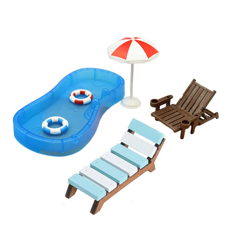 Conjunto de casa de boneca bonito para crianças, mini brinquedo de simulação, piscina, círculo, cadeira de praia, decoração, 1 conjunto