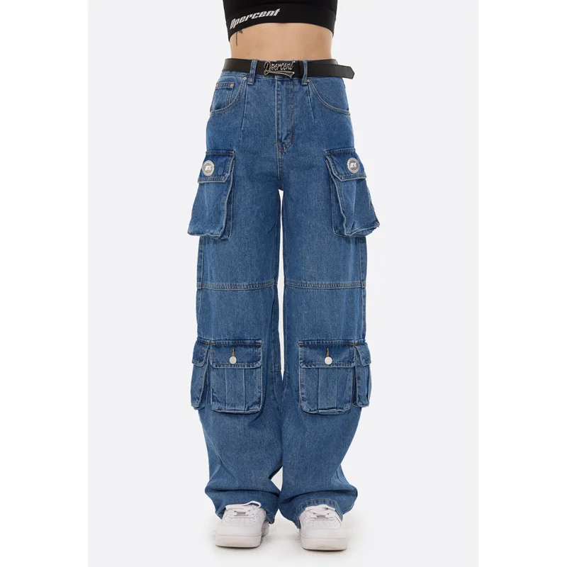 Women Blue Jeans Y2K Style High Waist American Street Wide Leg Pants Fashion Hip Hop Vintage Straight Summer Female Trousers