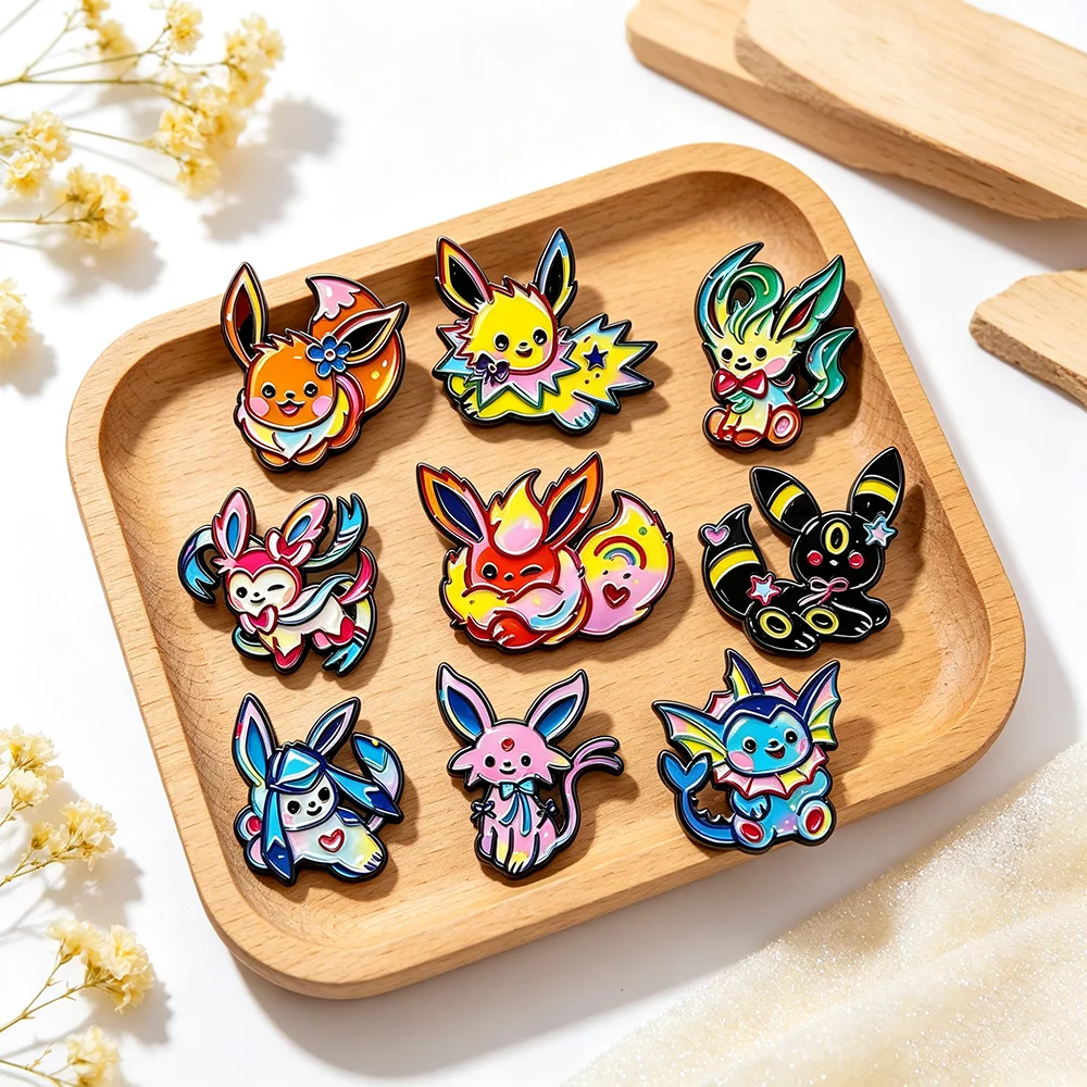 9Pcs Eeveelution Hard Enameled Pins Set Cartoon Monster Lapel Brooches for Backpacks Decorative Collectible Fan Badges