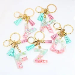 Resin Initial Letter Keychain Women Blue Butterfly Alphabet Key Ring Chains With Tassel Cute Pendant Key Chain Rings Charm Bag