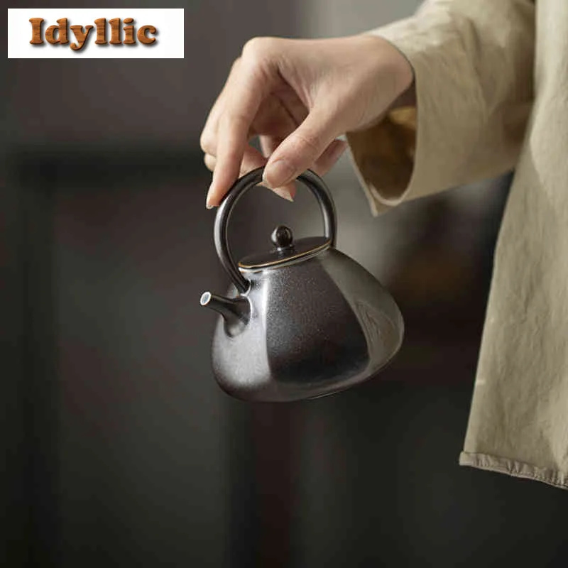 

290ml Sand Gold Glaze Lifting Handle Teapot Vintage Tea Infuser Pot Tea Maker Kettle With Filter Teaware Supplies Decoration