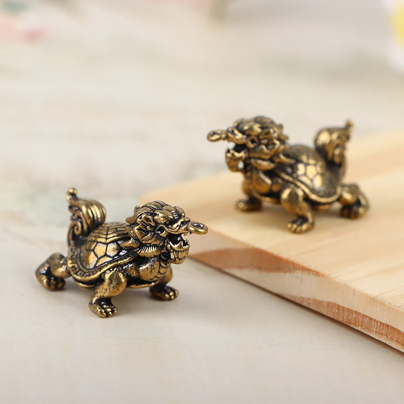 1Pc Retro Brass Mythical Beast Dragon Head Turtle Body Figurines Miniatures Lucky Animal Statue Desktop Ornament Decors