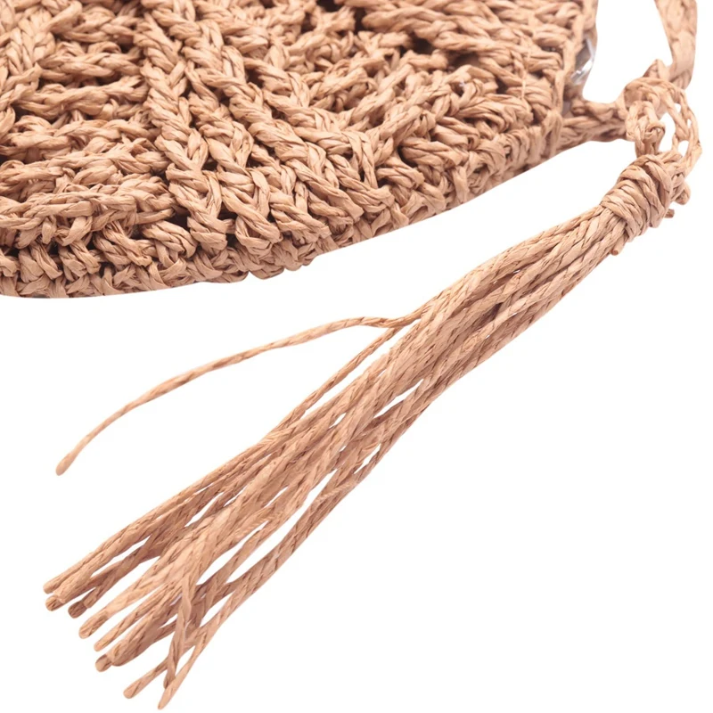 Cesta tejida de paja de ganchillo de ratán, bolso de mano Bali, bolso cruzado de círculo redondo, bolso de playa, marrón claro, 4 Uds.