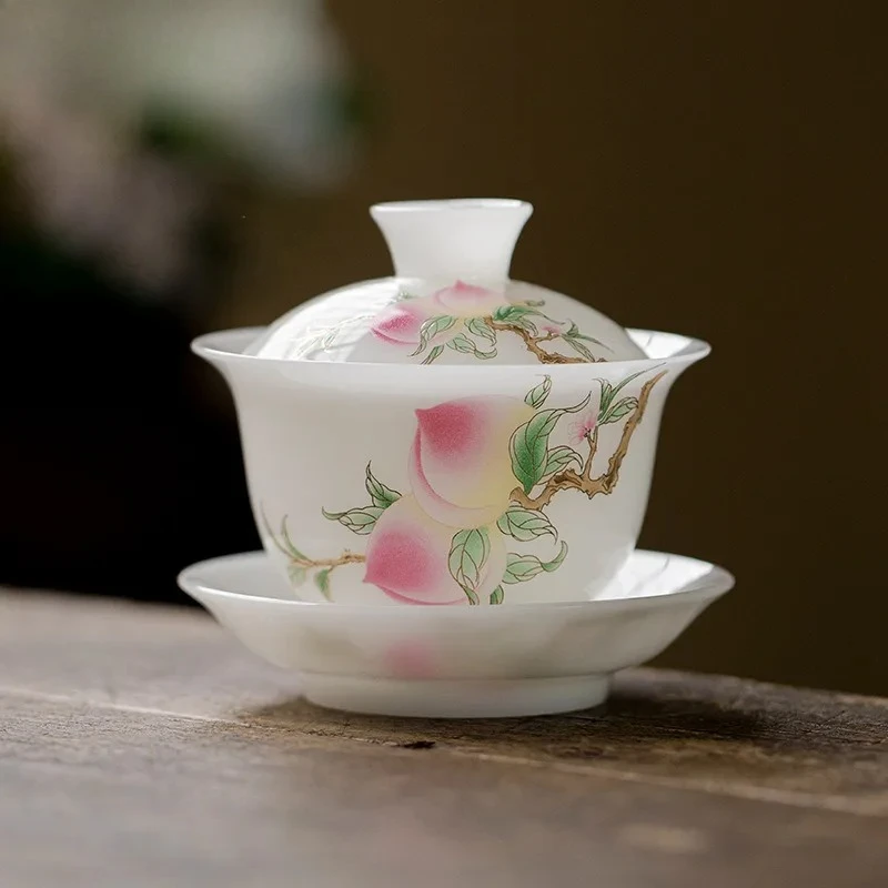 

140ml Ice Jade Porcelain Peach Gaiwan Retro Not Hot Tea Tureen Tea Bowl With Lid Kit Tea Making Cover Bowl Tableware Ornaments