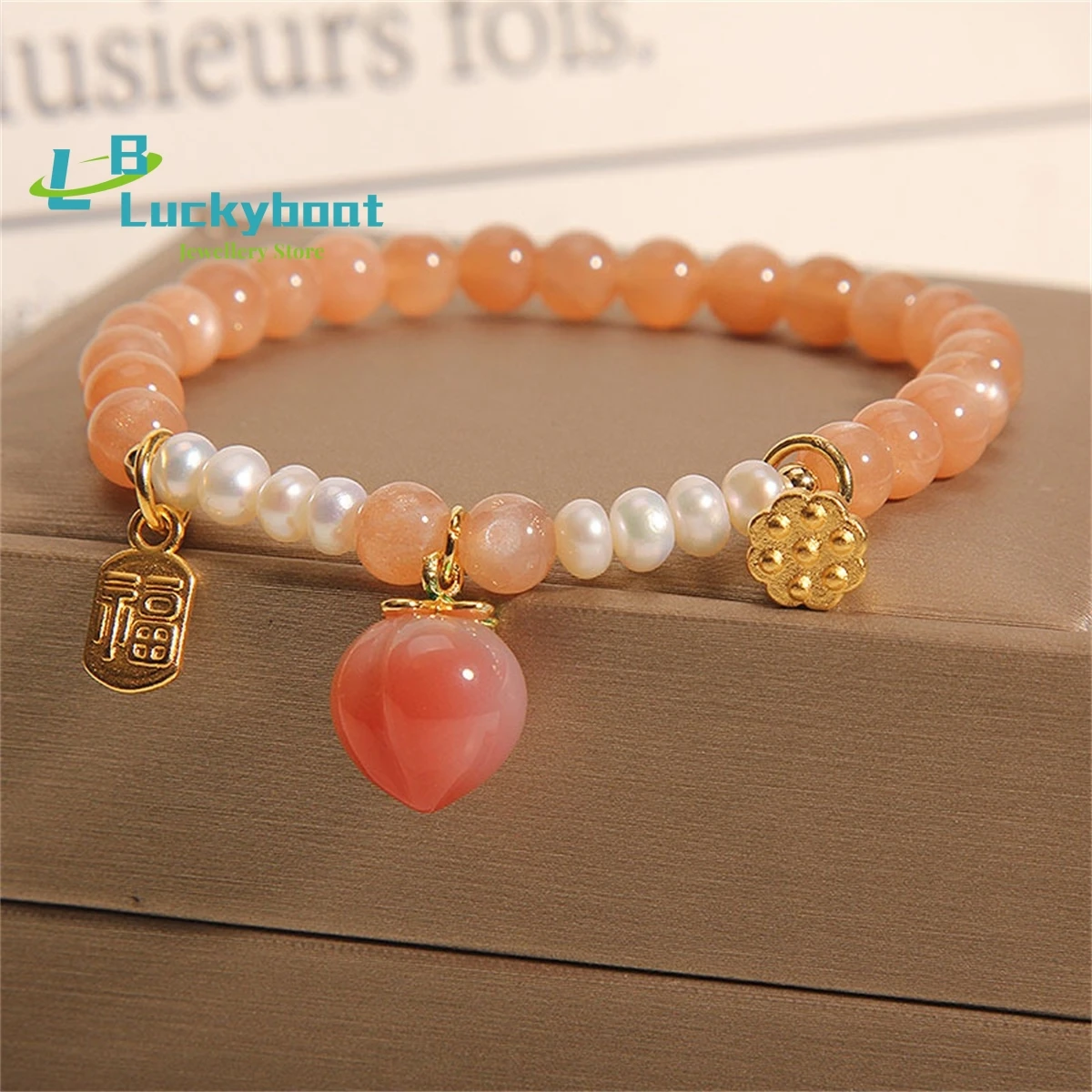 Peach Crystal Bracelet Female Freshwater Pearl Sunstone Natural Agate  Single Loop Lotus Pendant  Women Jewelry FashionExquisite