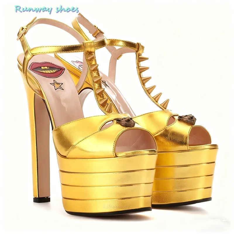 

Fish Mouth With Exposed Toes Sandals Extra High Waterproof Platform Runway Shoes Asakuchi Women's Luxury Sandals Rivet Metal