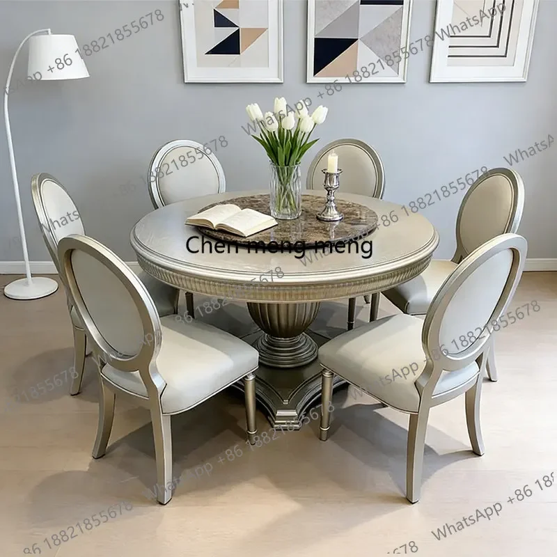 

Hot sales American ART solid wood carved round dining table light luxury dining table and chair combination French retro home di
