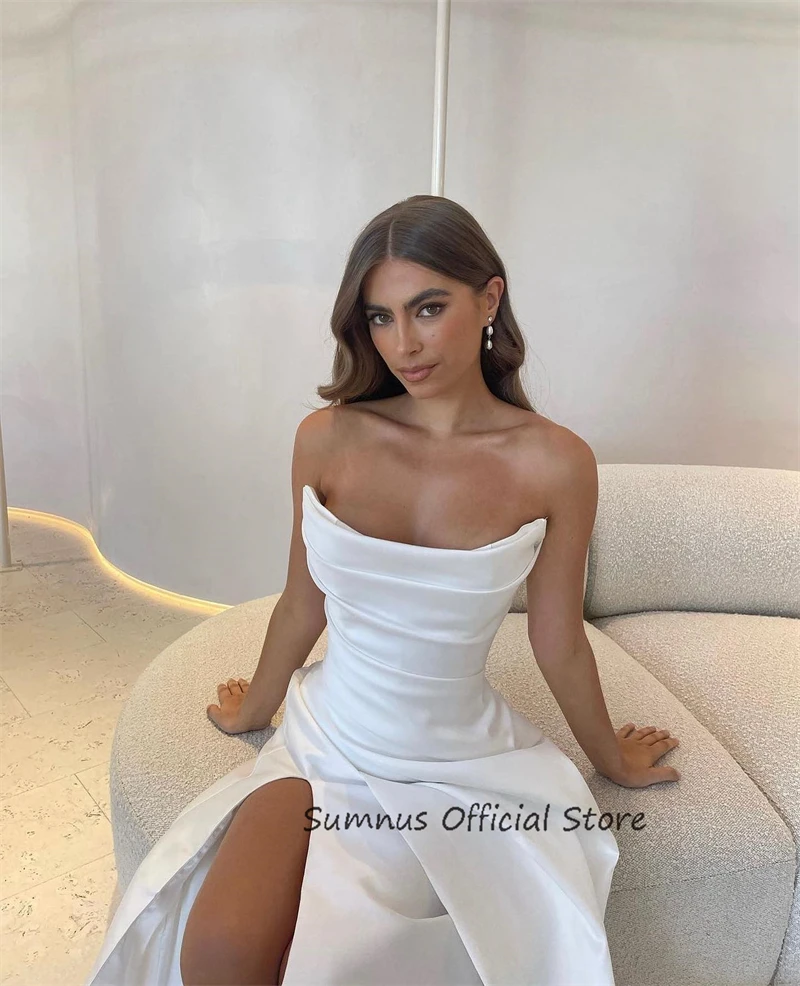 SUMNUS Sexy 2024 Satin Mermaid Wedding Dress Strapless Sleeveless Long Bride Gowns Dresses Pleats Vestido De Noiva Spit Sereia