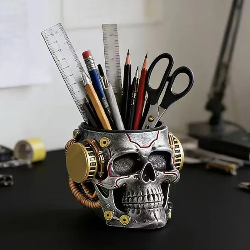 Creative Mechanical Skull Pen Holder Home Pen Cylinder Storage Ornament Office Desktop Decoration Ornament Gift For Friends