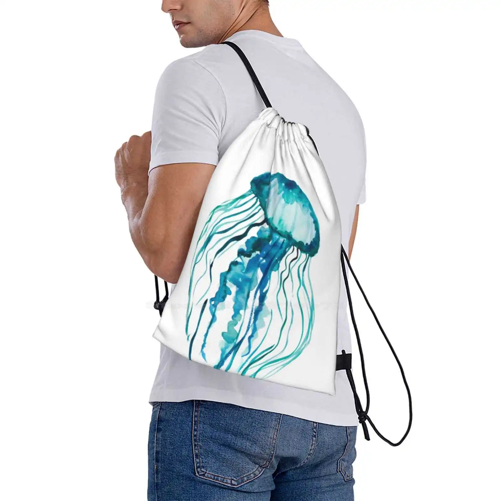 Acquerello meduse vendita calda zainetto zaino borse moda acquerello meduse dipinto Aqua Blue Green Sea Love Sea