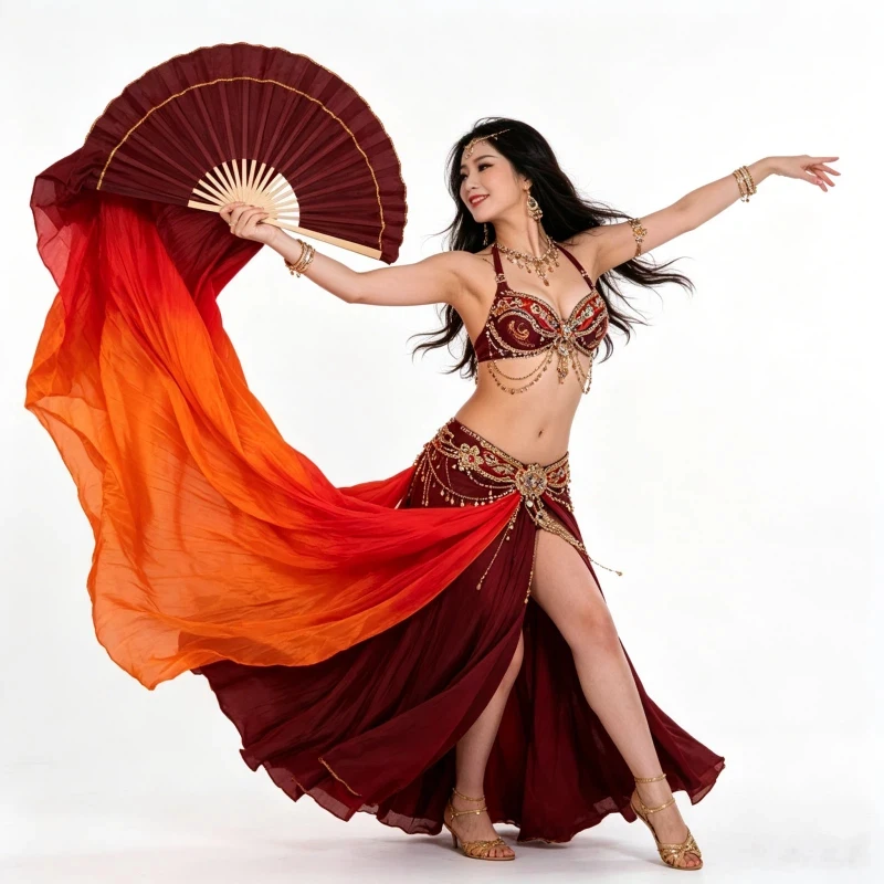 

100% Real Silk Belly Dance Fans Kids Women Party Stage Performance Folding Gradient Long Fan Veil Flowy Light 1 Pairs 150/180cm