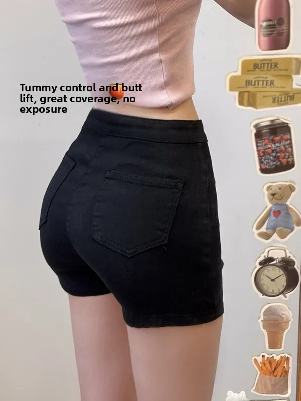 

Black Spicy Girl Short Shorts Women's Summer Outerwear Fitting High Waist Slimming Denim Hot Pants High Waist Pocket Pure Color