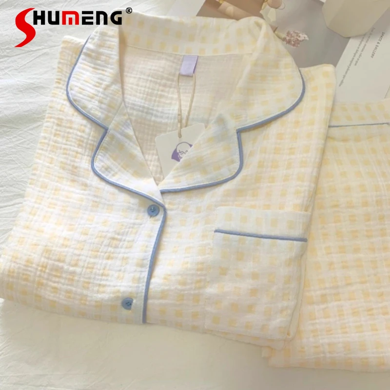 

Pure Cotton Long Sleeve Pajamas for Women Spring Autumn Casual Plaid Homewear Two Piece Set Female Japanese Style Loungewear