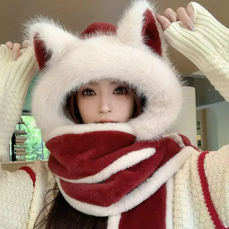 Fox Ear Trapper Hat Scarf Gloves Set 3 Piece Plush Thick Warm Winter Ear Flap Outdoor Accessories
