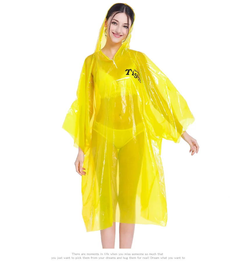 Plastic PE See Through Clear Transparent Sheer Yellow Pullover  Hooded Rainproof Travel Touring RainCoat Cape