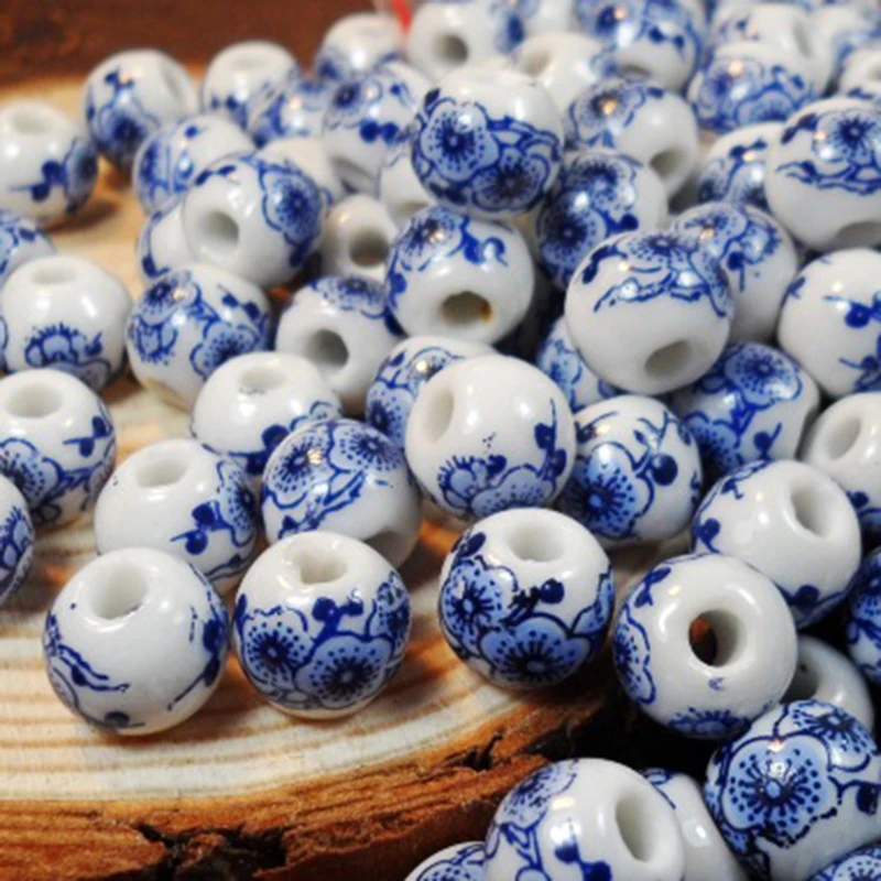 50Pcs Round Ceramic Spacer Beads 10mm Large Hole Handmade Porcelain Loose Bead Diy Jewelry Bracelets Necklace Charm Supplies