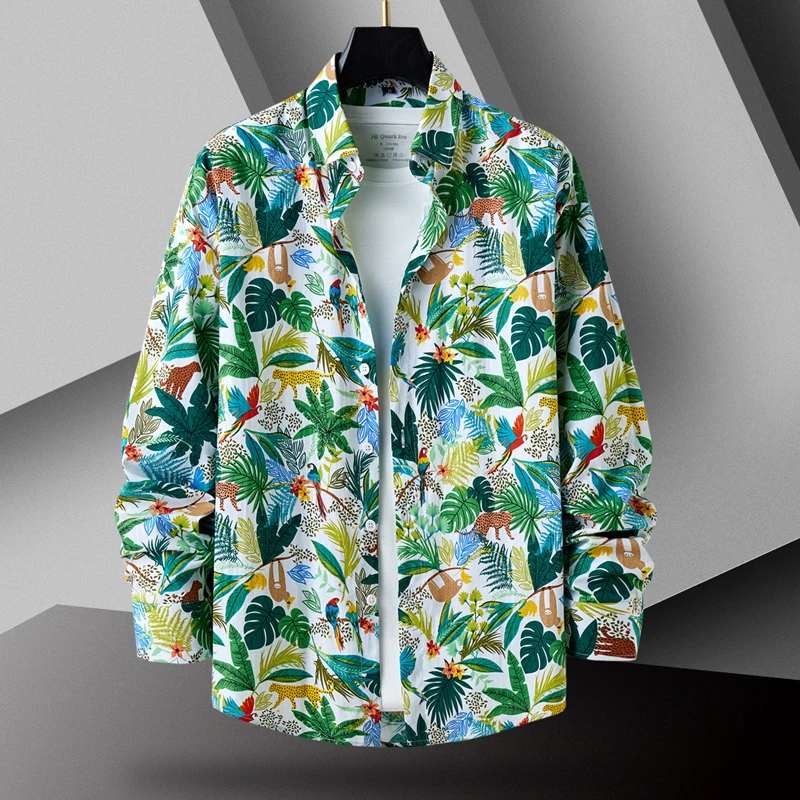 2024 Spring Mens Long Sleeved Shirt Men Printed Hawaiian Floral Shirt Male Vintage Flowers Oversized Shirt Korean Clothing 8XL