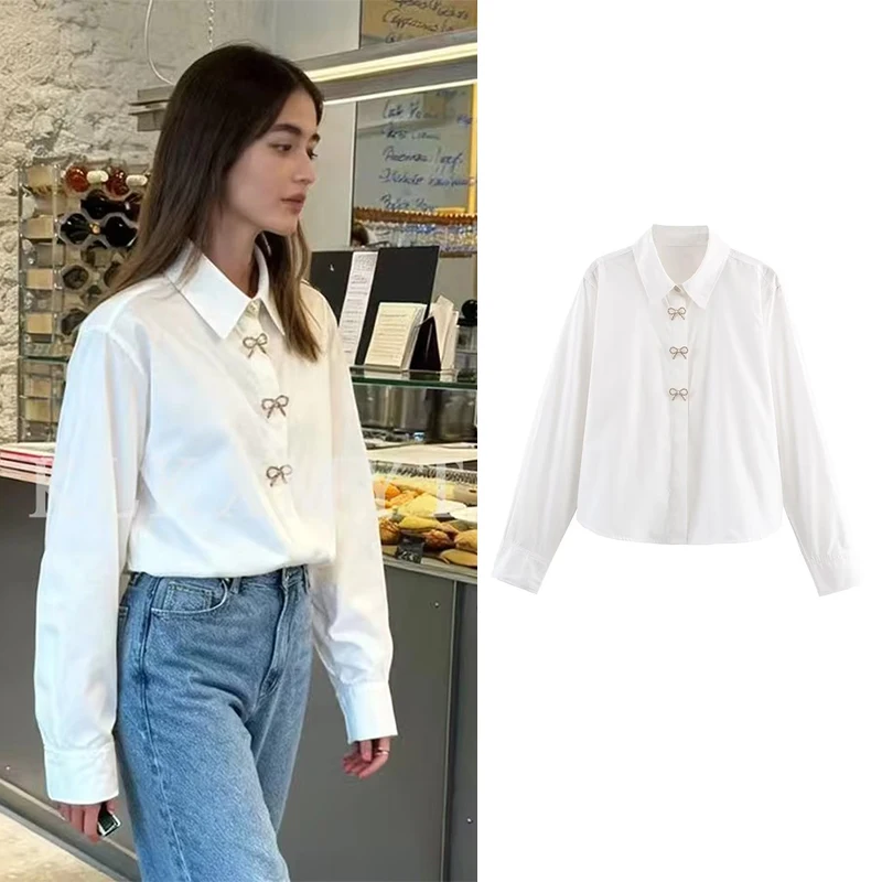 レディースレジャーシャツ 2025 秋 レディースファッション ジュエリーボタン 長袖 リボン飾りシャツ レディース ハイストリート エレガントシャツ