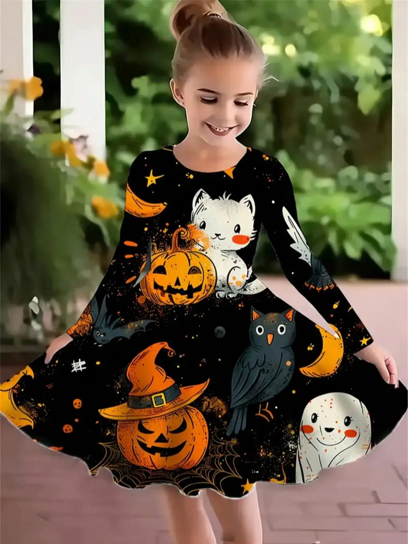 Kids' Halloween Long Sleeve Dress Pumpkin Kitten Pattern round Neck mid Length Skirt Children's Costume Party Dress