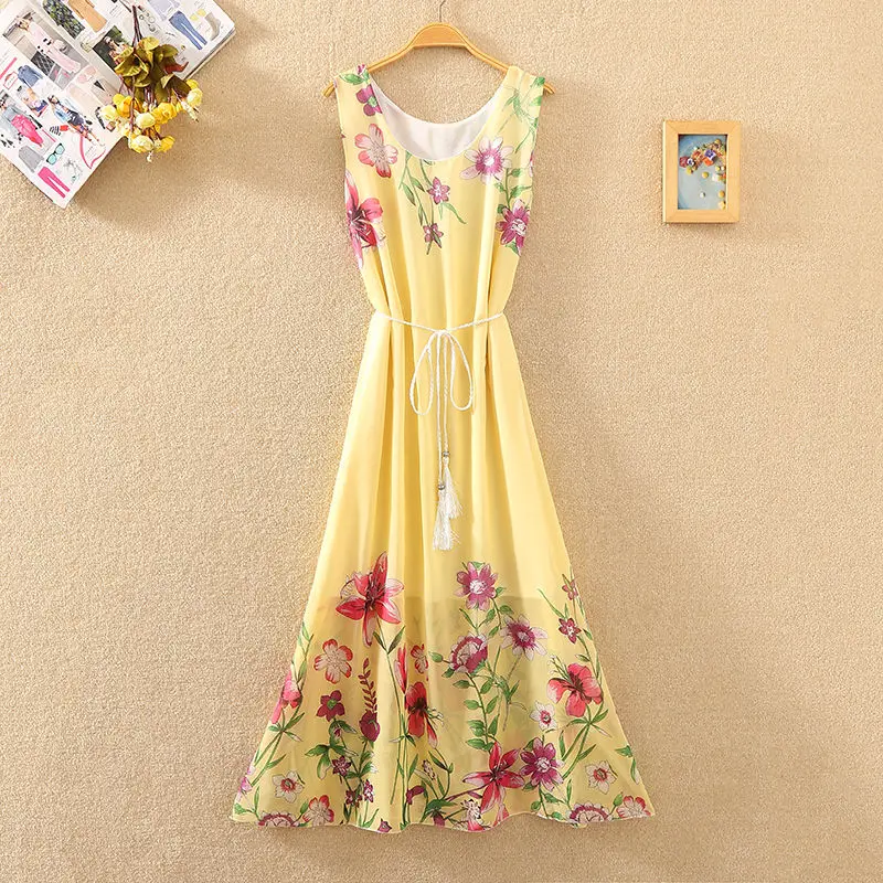 Sand Vacation Summer 2024 New Chiffon Colorful Dress Bohemia Sleeveless Printing Multicolor Lower Back Loose Comfortable Dress