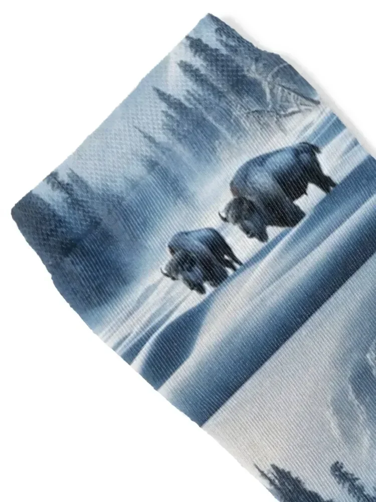 Bison Braving the Snow in a Misty Winter Landscape Socks halloween snow winter gifts summer Man Socks Women's