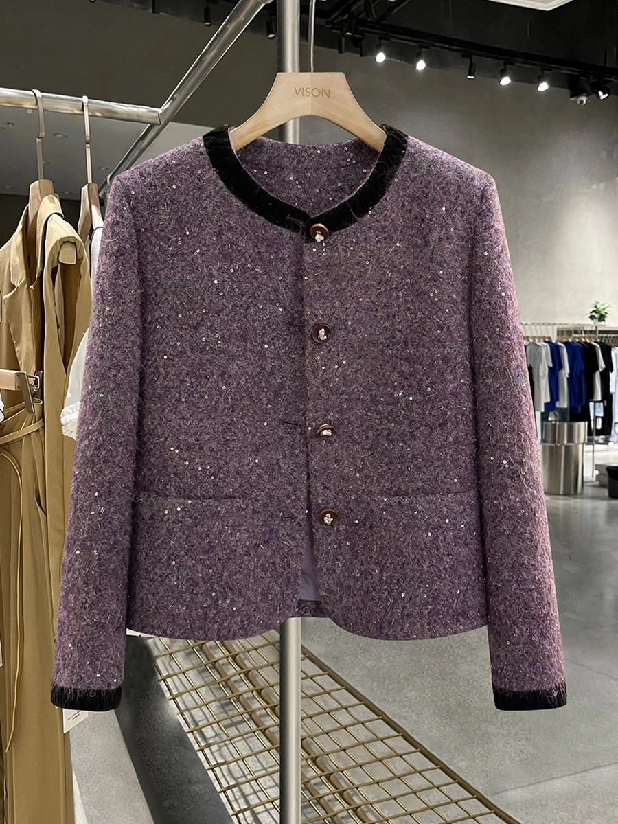 

Purple Faionable down Jaet Women's 2025 New Winter Sequin Velvet Collar Unique ort Top Coat Straight Cut Versatile Sle