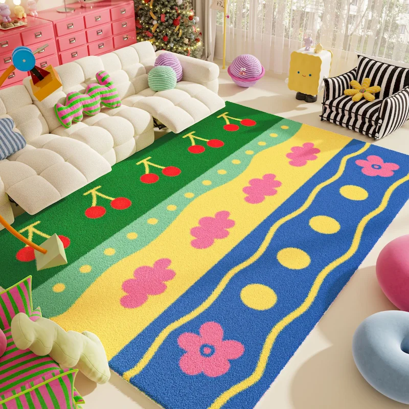VIKAMA Color Block Striped Area Rug Cute Cherry Floral Geometric Print Soft Non‑Slip Large Floor Living Room Bedroom Home Decor