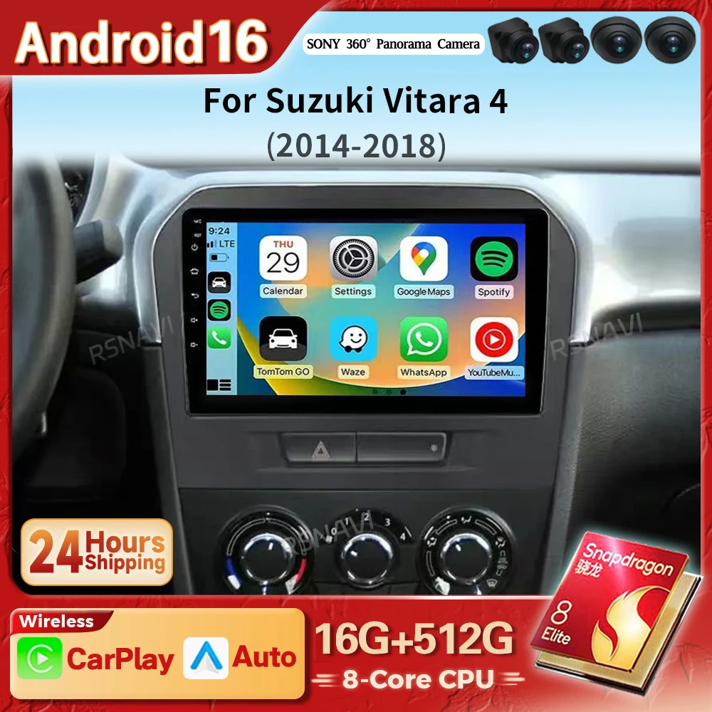 Android 16 Carplay Auto 2K Screen Car Radio BT Multimedia Player For Suzuki Vitara 4 2014 - 2018 Autoradio GPS Stereo Snapdragon