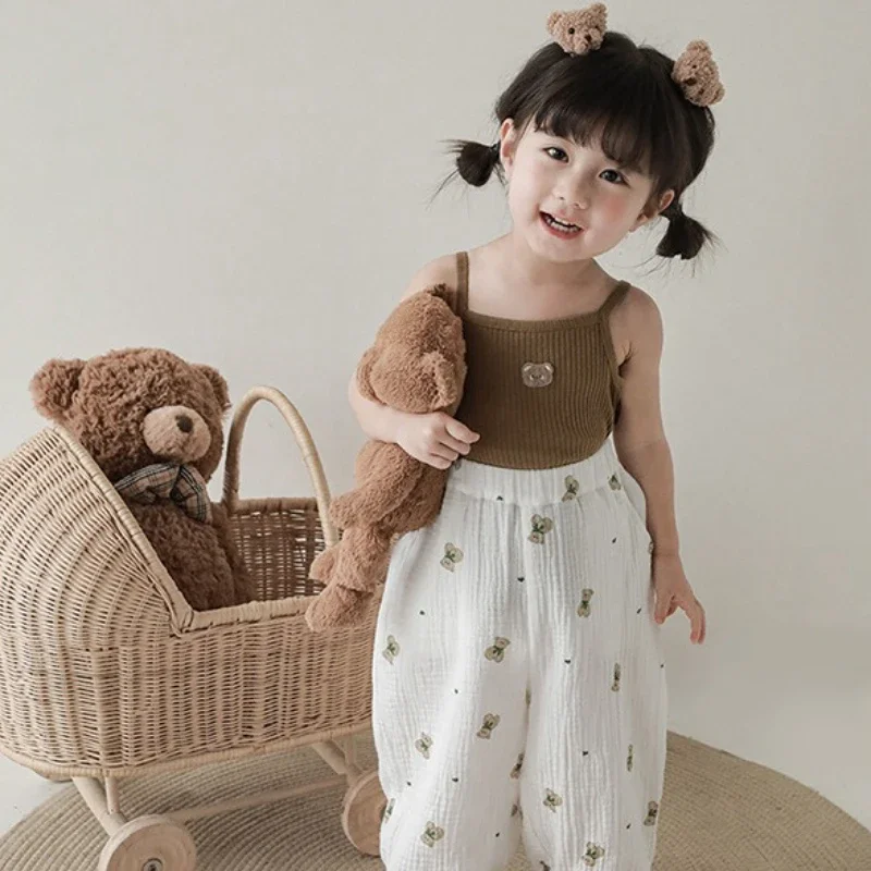 

Girl's Bear Embroidery Pattern 2025 Summer New Cotton Solid Color External Suspender Top