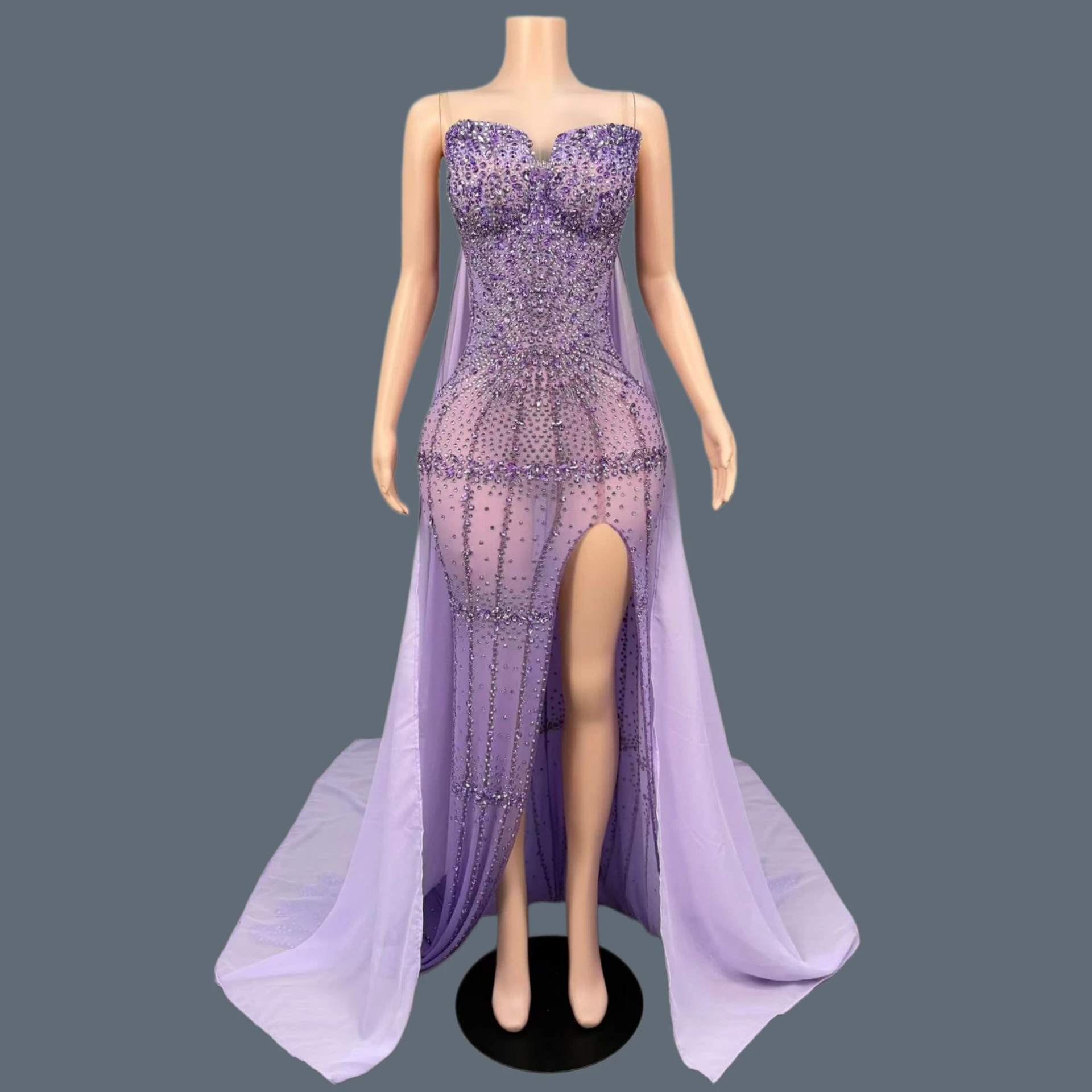 

Sparkly Rhinestone Mesh Mermaid Maxi Dress Strapless Sweetheart High Slit Sheer Party Stage Show Wear Sexy Evening Gown Fanhua