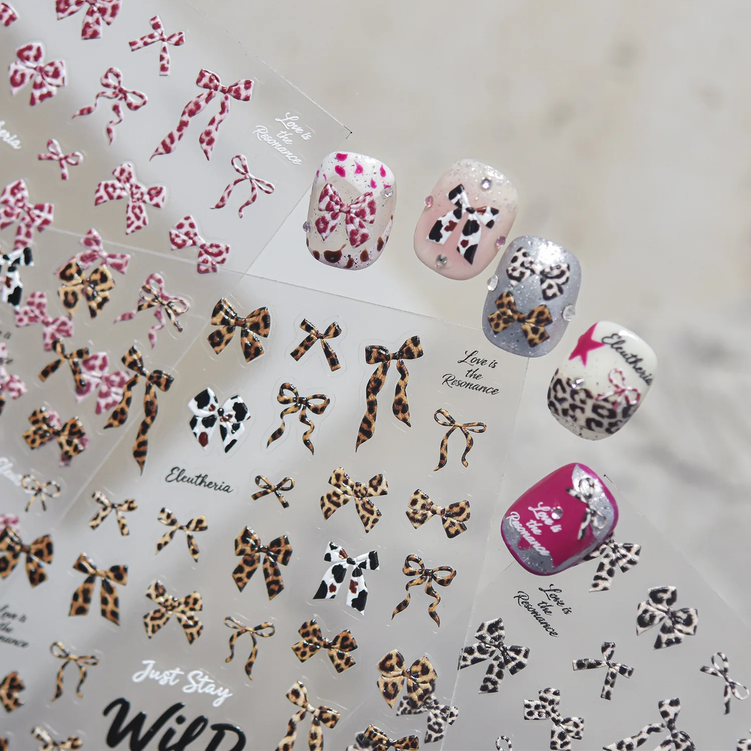 Leopard Print Bowknot Ribbon Nail Charms Stickers Retro Letter Printing Pattern Nail Art Accessories Self-adhesive Nail Stickers